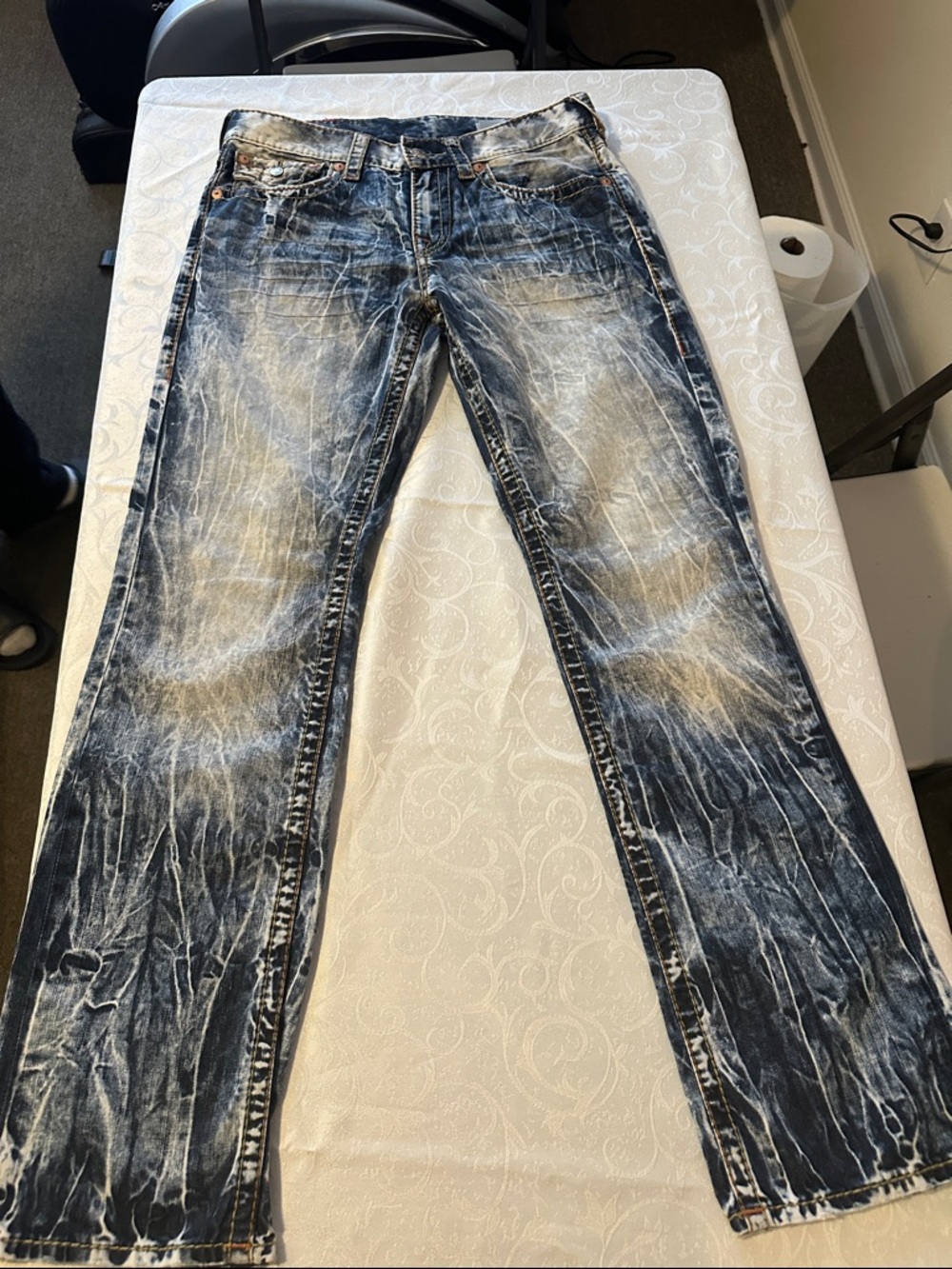 True Religion Men's Distressed Blue Washed Straight Jeans